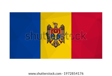 Vector illustration. Official symbol of Moldova. National Moldavian flag with tricolor of blue, yellow, red and coat of arms. Creative design in low poly style with triangular shapes. Gradient effect