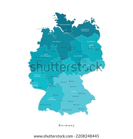 Vector isolated illustration. Simplified administrative map of Germany. Blue shapes of regions. Names of deutsch cities and provinces. White background. 