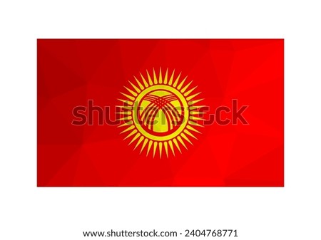 Vector illustration. Official ensign of Kyrgyzstan. New national flag in red and yellow colors. Creative design in low poly style with triangular shapes. Gradient effect