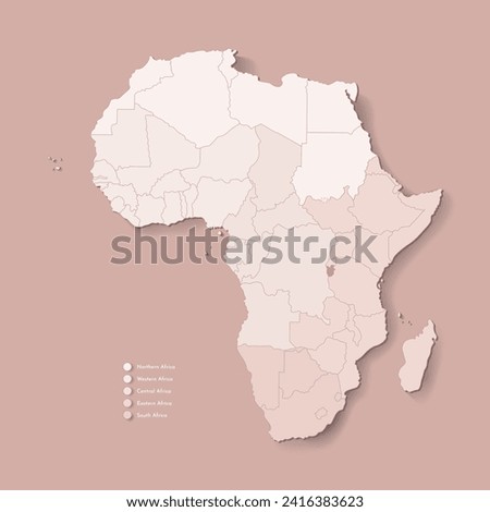 Vector Illustration with African continent with borders of all states and marked country Burundi. Political map in camel brown with central, western, south and etc regions. Beige background