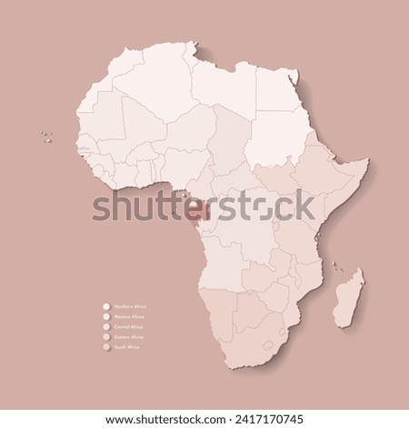 Vector Illustration with African continent with borders of all states and marked country Gabon. Gabonese Republic political map in brown colors with western, south and etc regions. Beige background