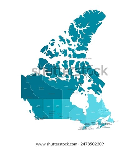 Vector modern illustration. Simplified isolated administrative map of Canada in blue colors. White background and outline. Names of the cities Ottawa, Toronto and etc. and canadian provinces.