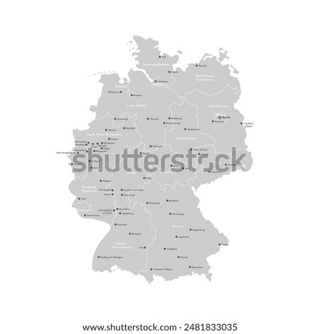 Vector isolated illustration. Simplified administrative map of Germany. Grey shapes of regions. Names of deutsch cities and provinces. White background. 