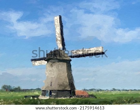 Illustration picture of traditional windmills on the green grass meadow under blue sky and white clouds converted to oil painting picture style, Watercolour painting of Dutch landscape background.
