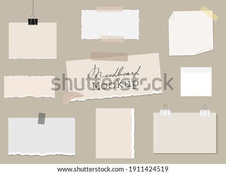 Set of of different notes on sticky tape and binder clips, pieces of torn paper, reminder cards. Mockup for modern design, presentation, social media. Vector 3d realistic. Blank template on a beige.