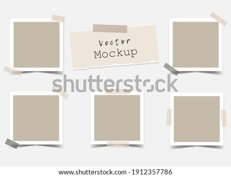 Set of square photo frames with adhesive tape and a piece of torn paper. Mockup for design, portfolios, social media or branding. Mood Board Blank template. Vector 3d realistic. 5 empty photo cards. 