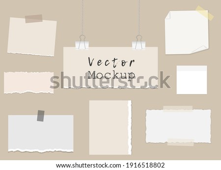Moodboard template composition with piece of torn paper on binder clips, different notes on sticky tape, reminder cards. Mockup on a beige background. Vector 3d realistic. EPS10.