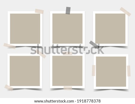 Set of square photo frames with various adhesive tapes. Vector 3d realistic. Mockup for design or presentation. Blank Template. 6 empty beige photo cards with black and beige sticky tape. EPS10.