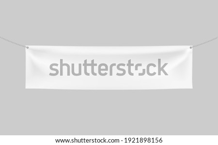 Horizontal Textile Banner with 2 holes and ropes. 3d Vector realistic White banner with folds. Blank Template for Design and Advertising. Awning, Poster, Textiles, PVC, Vinyl, Nylon ect. EPS 10.