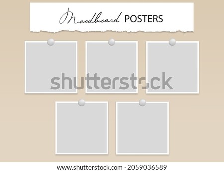 Square Blank photo cards on pins. 5 empty posters or paper sheets for note with white border. Mood board template. Vector realistic Mockup. EPS10.