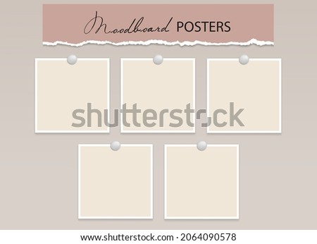 Set of square photo frames on pins. 5 empty posters or paper sheets for note with white border. Mood board Blank template. Vector realistic Mockup. EPS10.