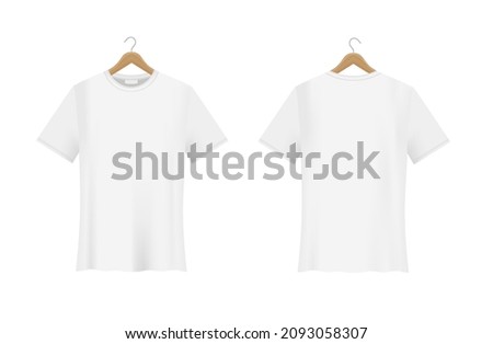 White T-shirt Mockup hanging on a wooden hanger. Vector realistic template. Front and back view. Unisex collection. Blank fashion design. EPS10.