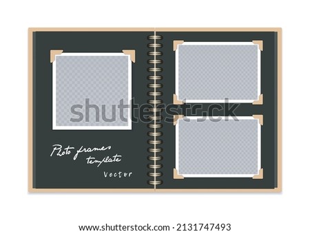 Black open photo album with empty photo frames with corners.  Vertical scrapbooking album on golden spirals with square and horizontal photo cards. Vector  realistic  Mockup. EPS10.