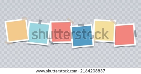 Multicolored empty photo frames with  adhesive tape in a row. Vector realistic mockup for design, presentations, photos. Six square photo cards with white border. Blank Template. EPS10.