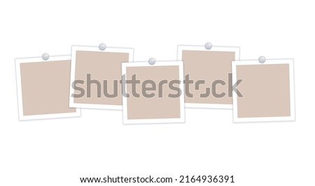 Empty photo frames on pins in a row. Vector realistic mockup. Beige posters or paper sheets for note, collage. Five square photo cards with white border. Blank Template. EPS10.