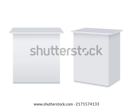 White reception Mockup, information stands, exhibition booths. Mobile counters for helping service desk, retail trade, promotion, advertising, pos, poi. Vector realistic. Two Blank templates. EPS10.