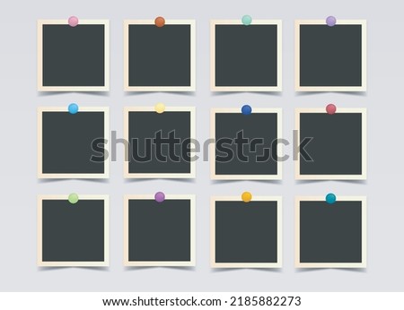 Set of black square photo frames on colored pins. Vector realistic mockup. 12 posters, photo cards or paper sheets with white border. Blank Template for collages and design. EPS10.