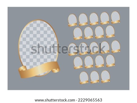 Oval photo frames with golden curved ribbons. 22 empty templates for portraits. Ellipse vignettes on gray background. Mockup for graduations, holidays, congratulations, photo albums, collages. EPS10