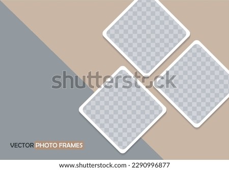 Three empty rhombus photo frames on beige and gray background. Website banner template, flyer, leaflet. Vector Mockup for design and advertising. EPS10.