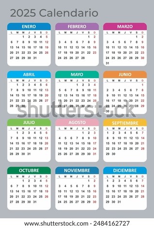 Calendar 2025 Year mockup. Spanish version. Annual Vertical template with colored tabs on gray background. Modern design. Editable format. EPS10. 