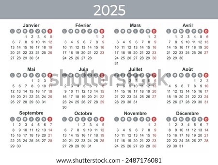 French Calendar 2025 Year mockup. Annual horizontal template with round days of the week. Modern design. Editable format. EPS10.