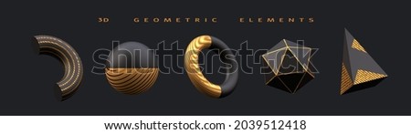 Abstract background with black-golden geometric elements and figures. Set of 3d realistic shape primitives sphere, torus, cone, icosphere isolated on dark background. 3d  rendering close up Stock fotó © 