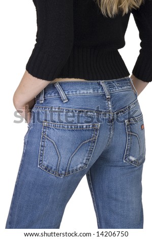 Rear View Of Woman In Blue Denim Jeans And Black Top On White ...