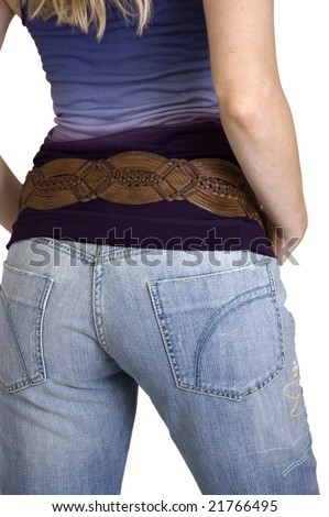 Rear View Of Woman In Blue Denim Jeans And Purple Top On White ...