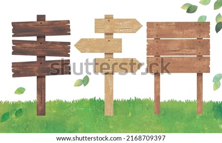 Wood signboard set on the grass field watercolor