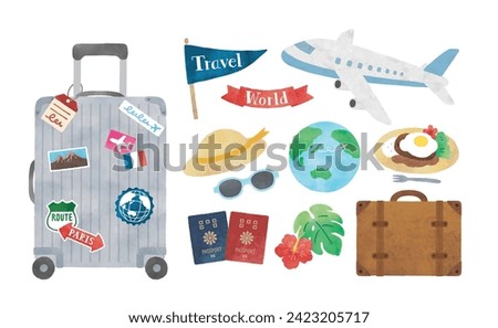 Travel icons such as suitcases and airplanes watercolor