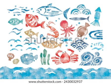 Japanese fish seafoods watercolor like woodcut