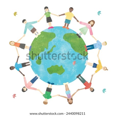 The children of the world holding hands in a circle and the earth