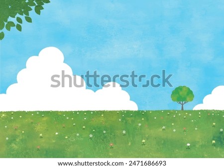 Summer sky and grass field watercolor