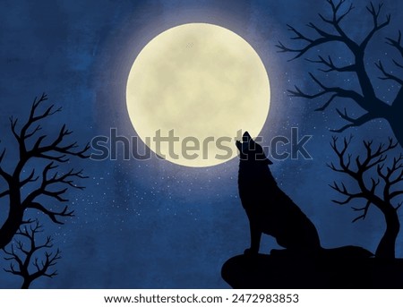 Wolf howling in full moon sky and scary trees watercolor