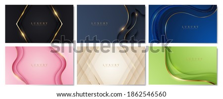 Luxury abstract background set with golden lines glittering curves, black, navy, blue, pink, green, mustard, 3d paper cut style backdrop concept. Vector illustration design.