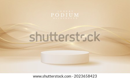 White podium display product and sparkle golden curve line element, Realistic 3d luxury style background, vector illustration for promoting sales and marketing.