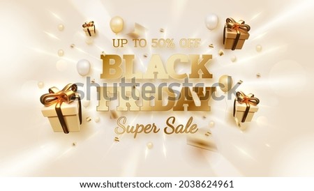 Black friday sale banner background with realistic gift box and balloons with ribbon gold luxury on light line neon. 3d realistic vector illustration.
