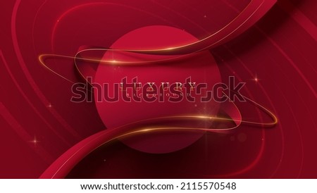 Red luxury background with circle frame and ribbon elements with glitter light effect decoration.