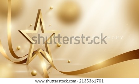 3d gold star background with ribbon element and ball with glitter light effect and bokeh decoration. Luxury award ceremony concept.