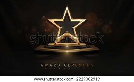 Award ceremony background and 3d gold star element on podium and glitter light effects decorations and bokeh. Vector illustration. Stock foto © 