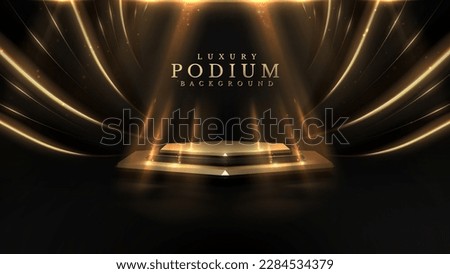 Product display podium with golden curve line decoration and glitter light effect elements and star. Black luxury background.