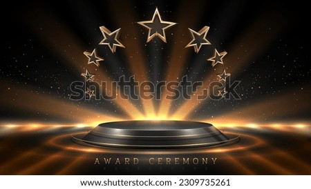 Black empty podium on dark background and 3d gold star elements with light ray effects decoration and bokeh. Luxury award ceremony design concept. Vector illustration.
