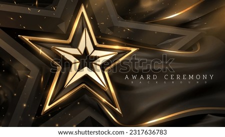 Realistic 3D gold star design on black canvas with golden light rays decoration moving around with bokeh. Elegant award ceremony background.