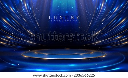 Empty podium golden on blue background with light neon effects with bokeh decorations. Luxury scene design concept. Vector illustrations.