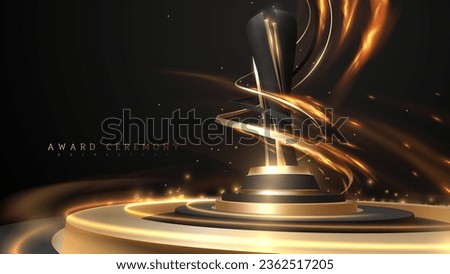 3d gold trophy on black podium with ribbon elements and hot fire decorations with glitter light effects and bokeh. Luxury award ceremony background. Vector illustration.