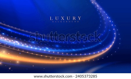 Dark blue luxury background with neon dot and gold point with curve light effects decorations and bokeh.