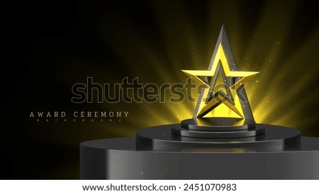 A majestic golden star trophy sits atop a podium, illuminated by radiant beams of light, symbolizing triumph and excellence.