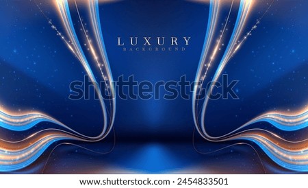 Blue and Gold Neon Light Lines on a Dark Background, Dotted with Glimmering Particles to Create a Sense of Futuristic Motion and Flow. Vector Illustration.