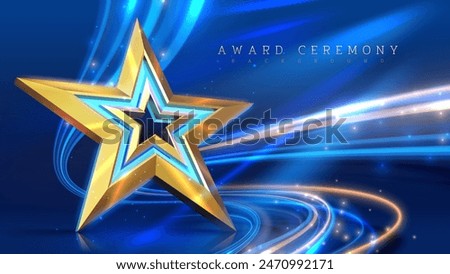 Golden star on a vibrant blue background with swirling lights, perfect for award ceremonies and celebratory events. Vector illustration.