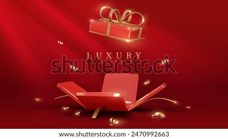 Elegant red background featuring an open gift box with golden ribbons and a floating present, perfect for festive celebrations. Vector Illustrations.